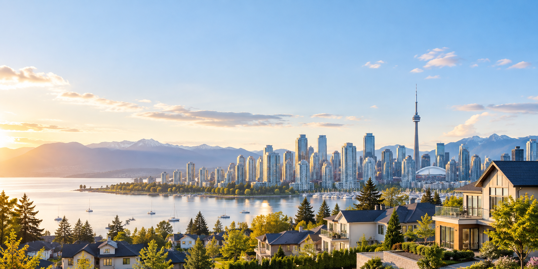 Bright city skyline with the CN Tower and homes