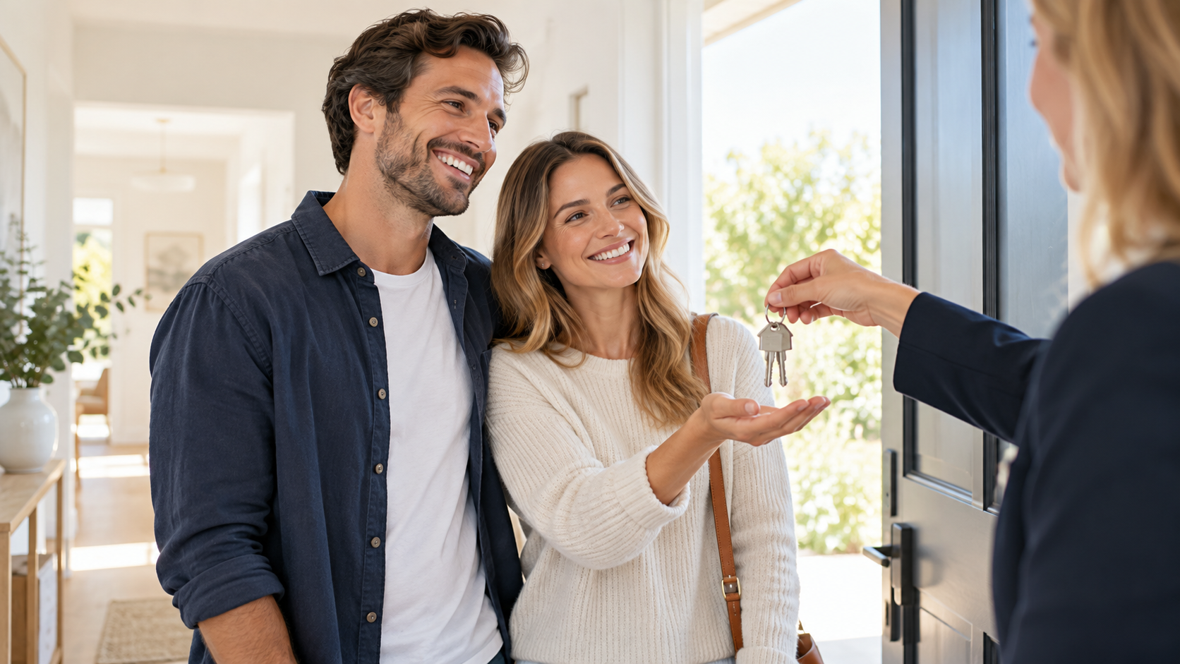 Happy homeowners receiving house keys